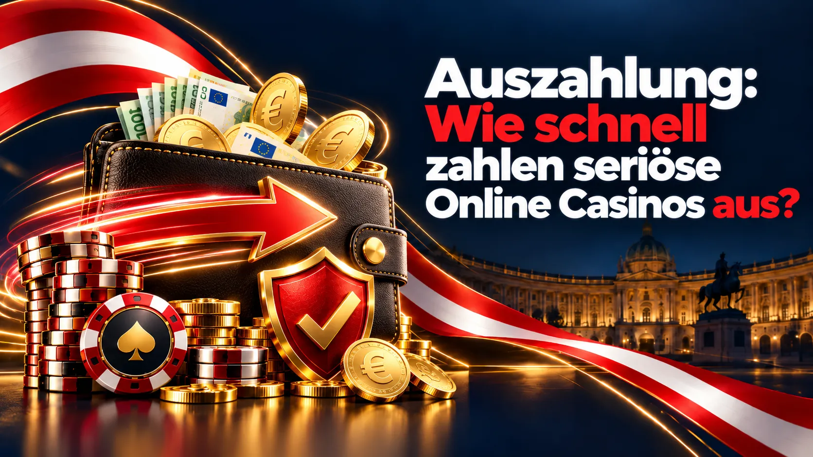 Casino Auszahlung in Österreich mit Geldbörse, Euro-Scheinen, Goldmünzen und Pfeil als Symbol für schnelle Geldtransfers.